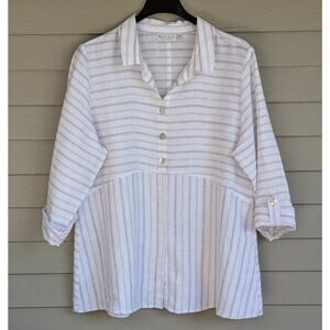 HABITAT Women's Linen Tunic Shirt Gray White Striped Roll Tab Sleeve Size XL